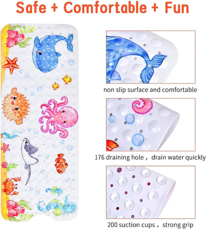 Bath Mat for Tub Non Slip, Machine Washable Anti Slip Cartoon Baby Bathtub Shower Mat with Drain Holes and Suction Cups for Toddler & Kids, 40 Inch x 16 Inch-Rectangular, Pink Octopus