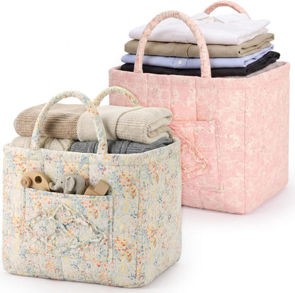 2 Pcs Quilted Fabric Storage Basket with Handles 13"x11"x10.6" Boho Foldable Laundry Organizer Bin for Home Picnic Shopping Travel (Pink,Flower)