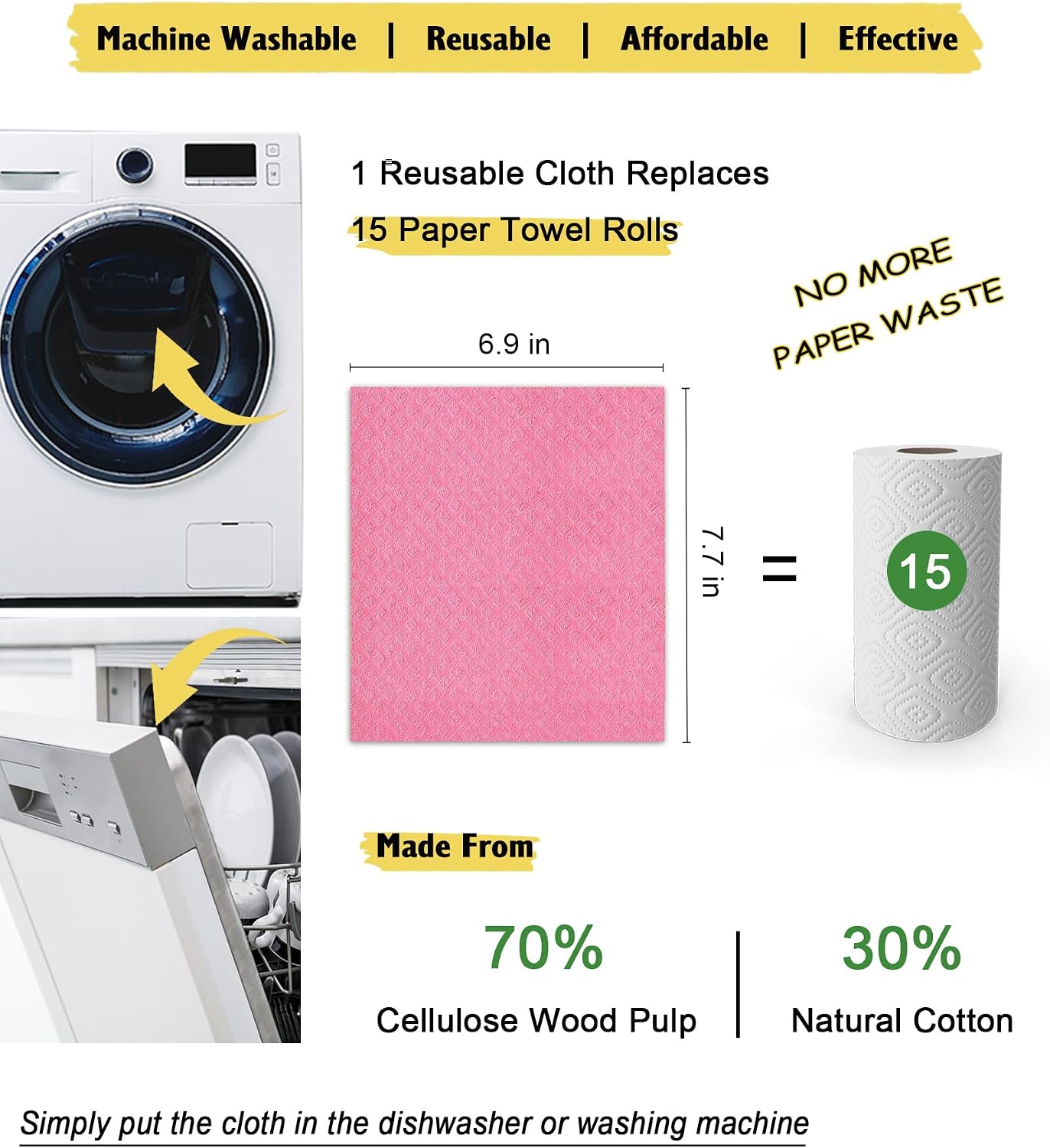 MoLKENE Swedish Dishcloths - 10 Pack Reusable Kitchen Dishcloths - Ultra Absorbent Dish Towels for Washing Dishes - Cellulose Sponge Cloth Cleaning Cloths - Pink