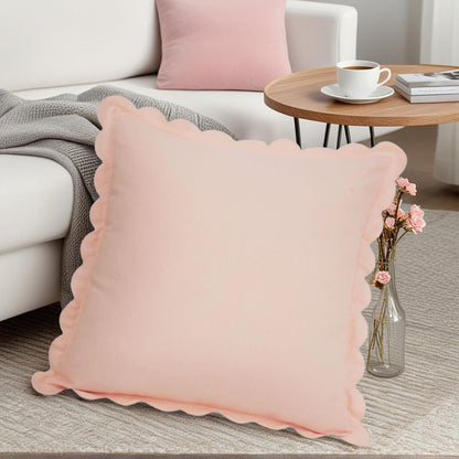 Soft Cotton Throw Pillow Covers Cushion Cases Set, Scalloped Wavy Edge Designs, Modern Home Decor 18 x 18 Inch Light Pink