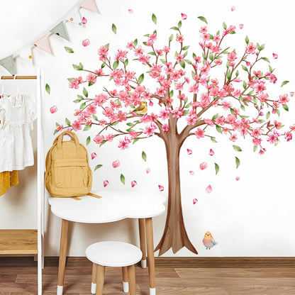 Large Cherry Blossom Tree Wall Decals Pink Peach Flowers Wall Stickers Tree Branch Birds Floral Green Leaves Wall Art Plum Blossom Vinyl Removable Wallpaper for Kids Nursery Home Decor 9265