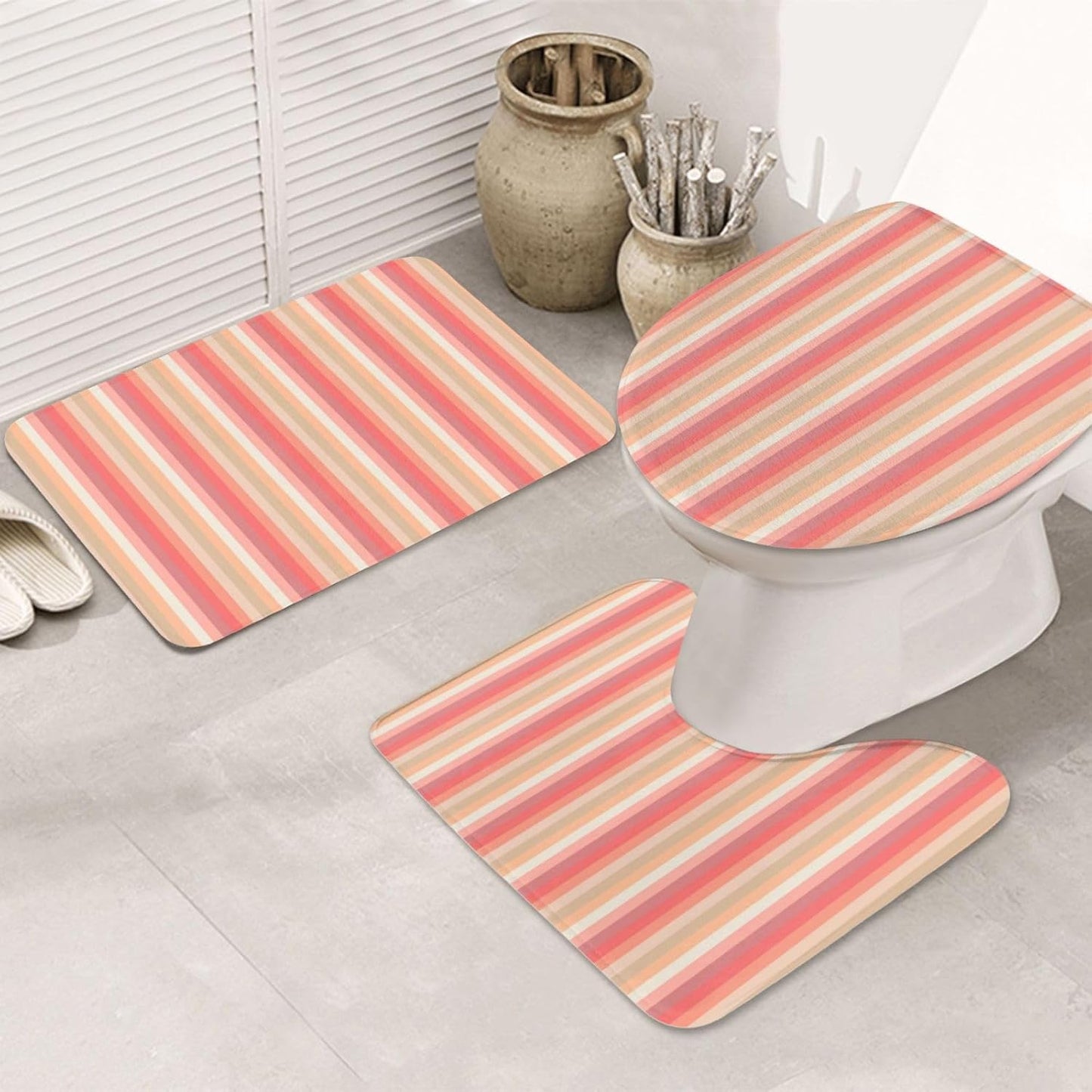 Bathroom Rugs Set 3 Piece Trendy Stripes Peach and Pink Bath Rug Mat Set, Non Slip Absorbent Bathroom Decor Mat, Toilet Lid Cover & U Shaped Contour Rug