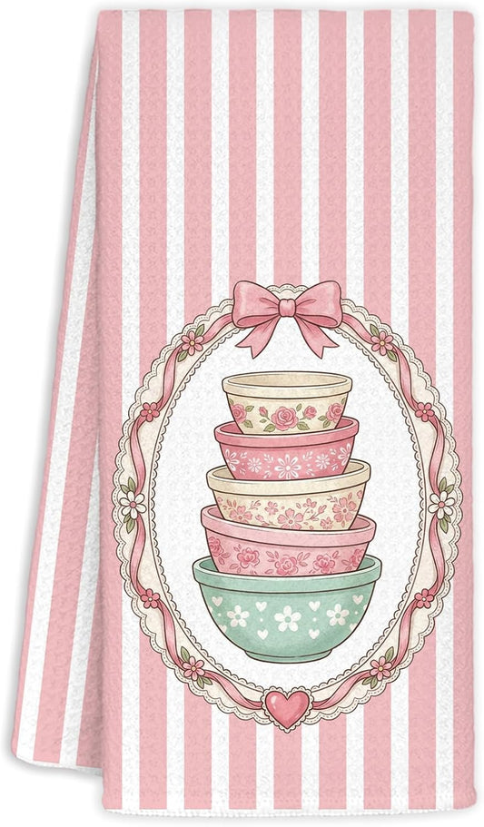 Coquette Pink Bow Bowl Kitchen Dish Towels 16x24 inch, Retro Cottagecore Floral Aesthetic Decorative Hand Tea Towels for Kitchen Dining Room, Baking Lovers Gifts