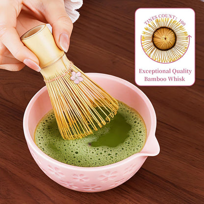 8-Piece Matcha Whisk Set with Ceramic Bowl – Complete Matcha Kit Pink | Includes ceramic bowl, bamboo whisk, scoop, holder, sifter & towel. Ideal for home tea ritual, beginners & matcha lovers.