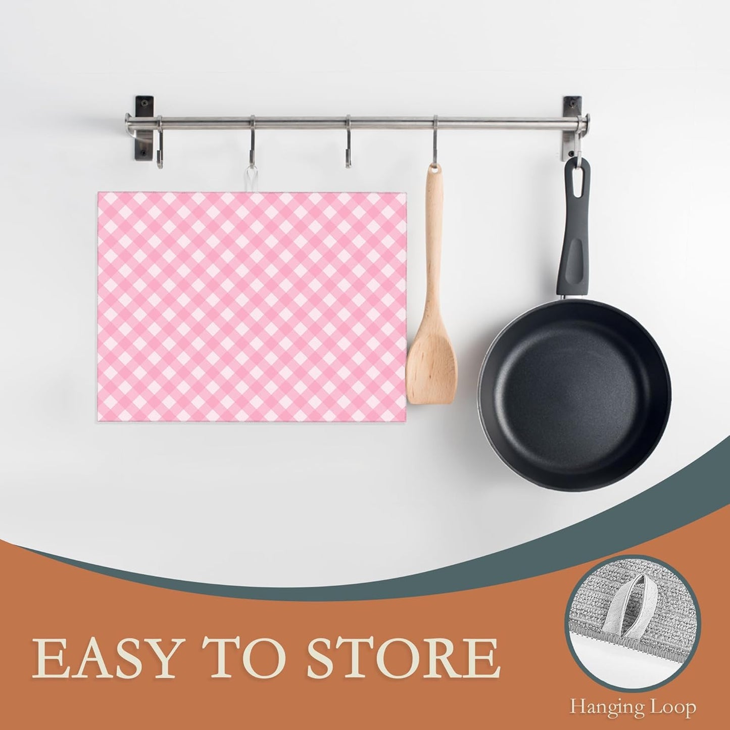 Pink White Checkered Dish Drying Mats 18x24 Inch, Dish Pad Drying Rack Mat for Kitchen Counter Ultra Absorbent Microfiber Dishware Coffee Maker Bar Countertop Decor