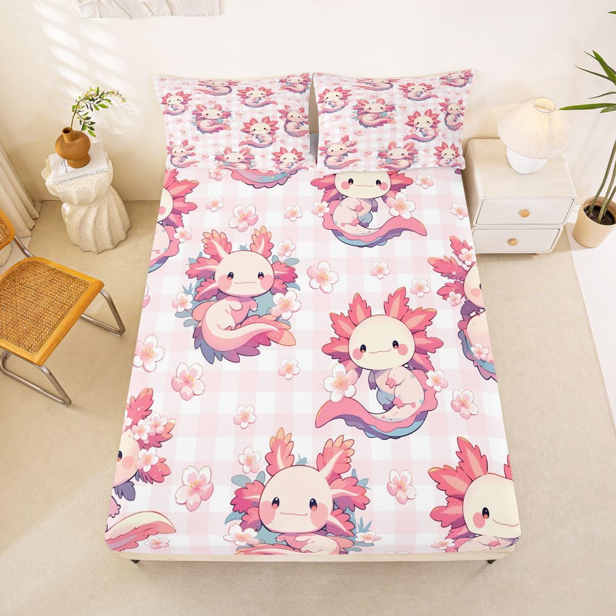 Erosebridal Kawaii Pink Axolotl Fitted Sheet Full Size Cartoon Peach Blossoms Bed Sheets Flower Salamander Bedding Set for Kids Boys Girls Women Lovely Animal Sheets