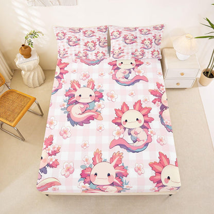 Erosebridal Kawaii Pink Axolotl Fitted Sheet Full Size Cartoon Peach Blossoms Bed Sheets Flower Salamander Bedding Set for Kids Boys Girls Women Lovely Animal Sheets