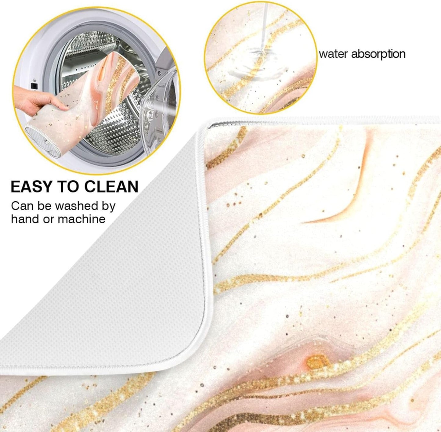 Qilmy Rose Gold Marble Dish Drying Mat Absorbent Reversible Dish Drainer Pad Tableware Mat for Kitchen Counter Home Decoration, 16 x 18 Inch