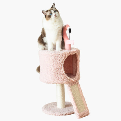 Catry 2-Level Small Cat Tree with Condo, Sisal Scratching Ramp & Post | Cute Pink Flamingo-themed Cat Tree with a Cozy Condo, Replaceable Sisal Scratching Posts, Sisal Ramp, and a Built-in Toy