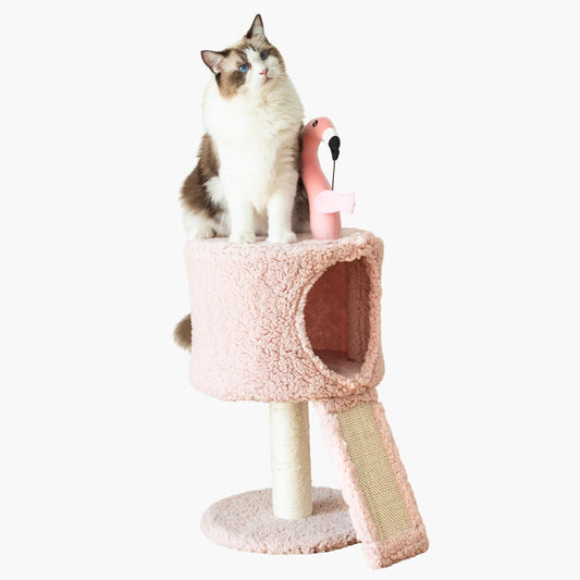 Catry 2-Level Small Cat Tree with Condo, Sisal Scratching Ramp & Post | Cute Pink Flamingo-themed Cat Tree with a Cozy Condo, Replaceable Sisal Scratching Posts, Sisal Ramp, and a Built-in Toy