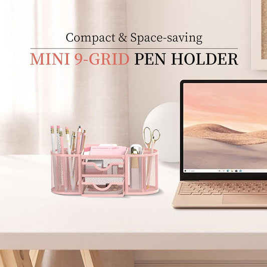 SUPEASY Mesh Desk Organizer, Desk Organizers and Accessories, Pen Holder with Drawers, Pencil Holder for Desk with 2 Drawer for Office Supplies, Pink