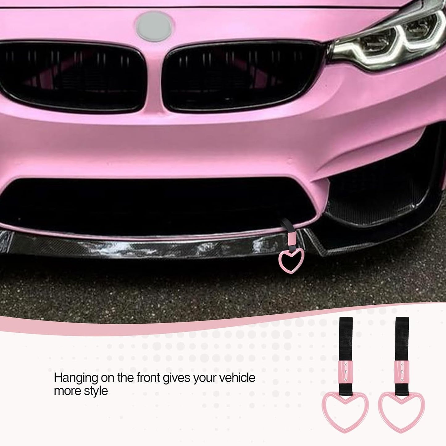 2PCS Heart Shaped Car Handle Straps, Rear Bumper Warning Keychain Ring with Drift Charm for Car Exterior Interior Accessories (Pink)