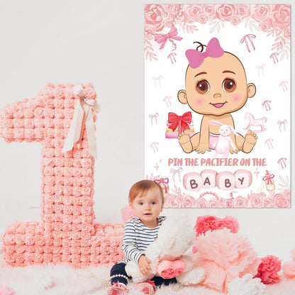 Pin The Pacifier On The Baby Party Games, Pink Baby Shower Decoration Bow Party Decorations with Large Poster 48 Pacifier Stickers Game for Baby Shower Party Bow Coquette Birthday Decorations