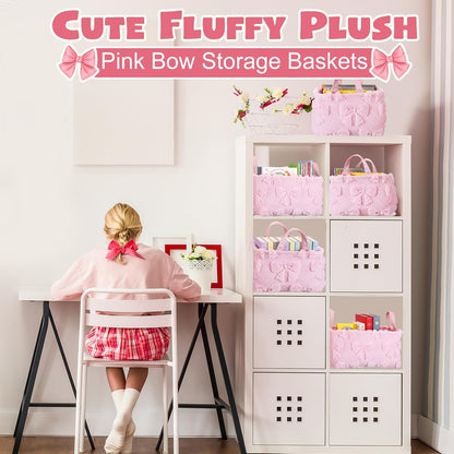 2 Pcs Pink Bow Storage Baskets 14x10'' Back to School Gift Baskets Foldable Fluffy Laundry Storage Bin with Handle Coquette Closet Organizer for Preppy Dormitory Countertop Tabletop Shelf