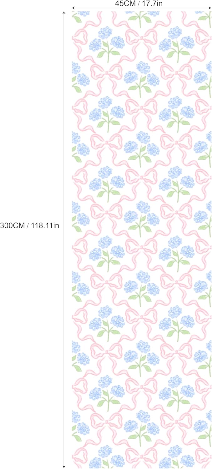 Peel & Stick Wallpaper 17.7''x118.1'' - Simple Grid Bow- Floral Delicate Pastel Flowers Feminine Hydrangea Blue Pink White Home Decor Removable Wallpaper