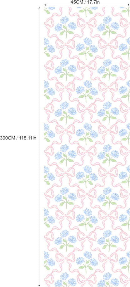 Peel & Stick Wallpaper 17.7''x118.1'' - Simple Grid Bow- Floral Delicate Pastel Flowers Feminine Hydrangea Blue Pink White Home Decor Removable Wallpaper