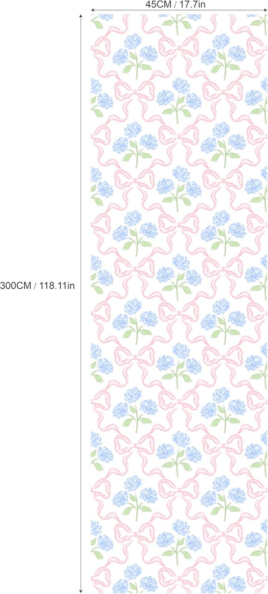 Peel & Stick Wallpaper 17.7''x118.1'' - Simple Grid Bow- Floral Delicate Pastel Flowers Feminine Hydrangea Blue Pink White Home Decor Removable Wallpaper