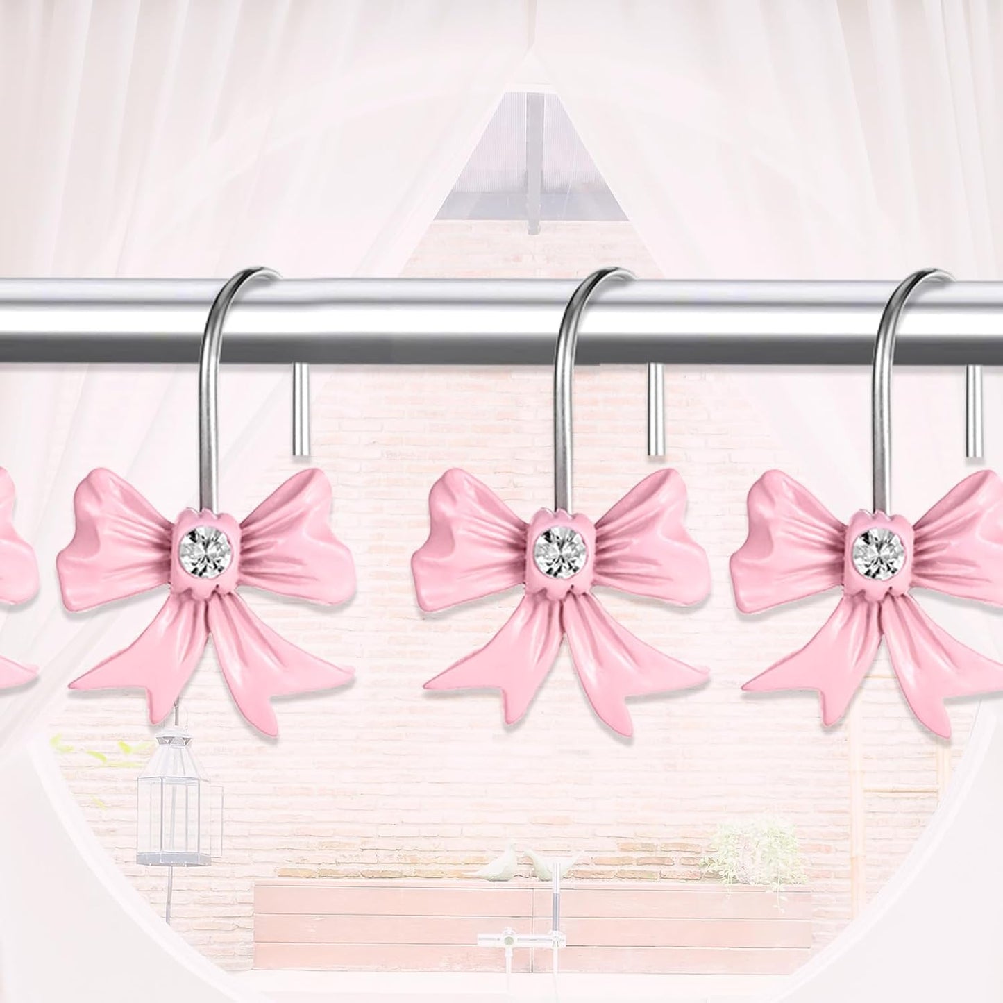 12pcs Pink Bow Shower Curtain Hooks Set, Bow Hooks Bathroom Rings Rust-Proof Resin Bow Pink Bathroom Accessories Hook, Shower Curtain Rings Shower Hooks for Straight Bent Rods Girls Bathroom Decor
