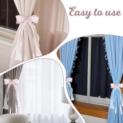 Pink Bow Curtain Tiebacks, 2 Pcs Elegant Pink Bow Butterfly Curtain Tiebacks with Pearls Sweet Bowknot Holdbacks for Stylish Home Bedroom Offices Dining Rooms Wedding Party Decoration