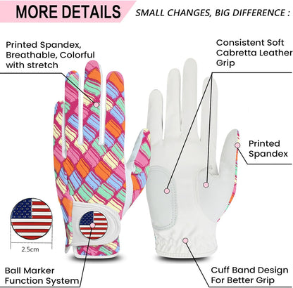Amy Sport Womens Golf Glove with Ball Marker Rain Left Right Hand Leather Printed Pack, Ladies Golf Gloves All Weather Grip Breathable Soft Size Small Medium Large XL