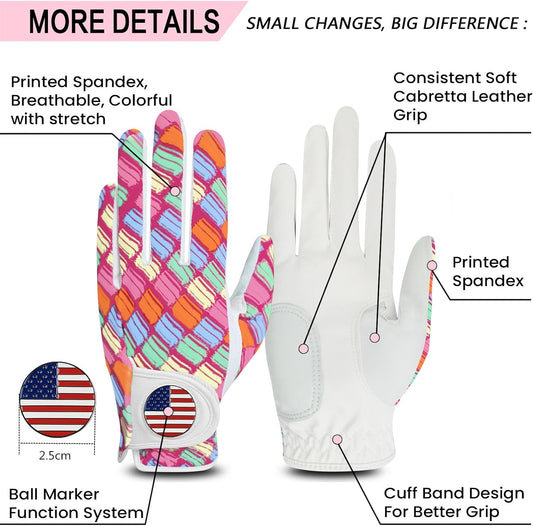 Amy Sport Womens Golf Glove with Ball Marker Rain Left Right Hand Leather Printed Pack, Ladies Golf Gloves All Weather Grip Breathable Soft Size Small Medium Large XL