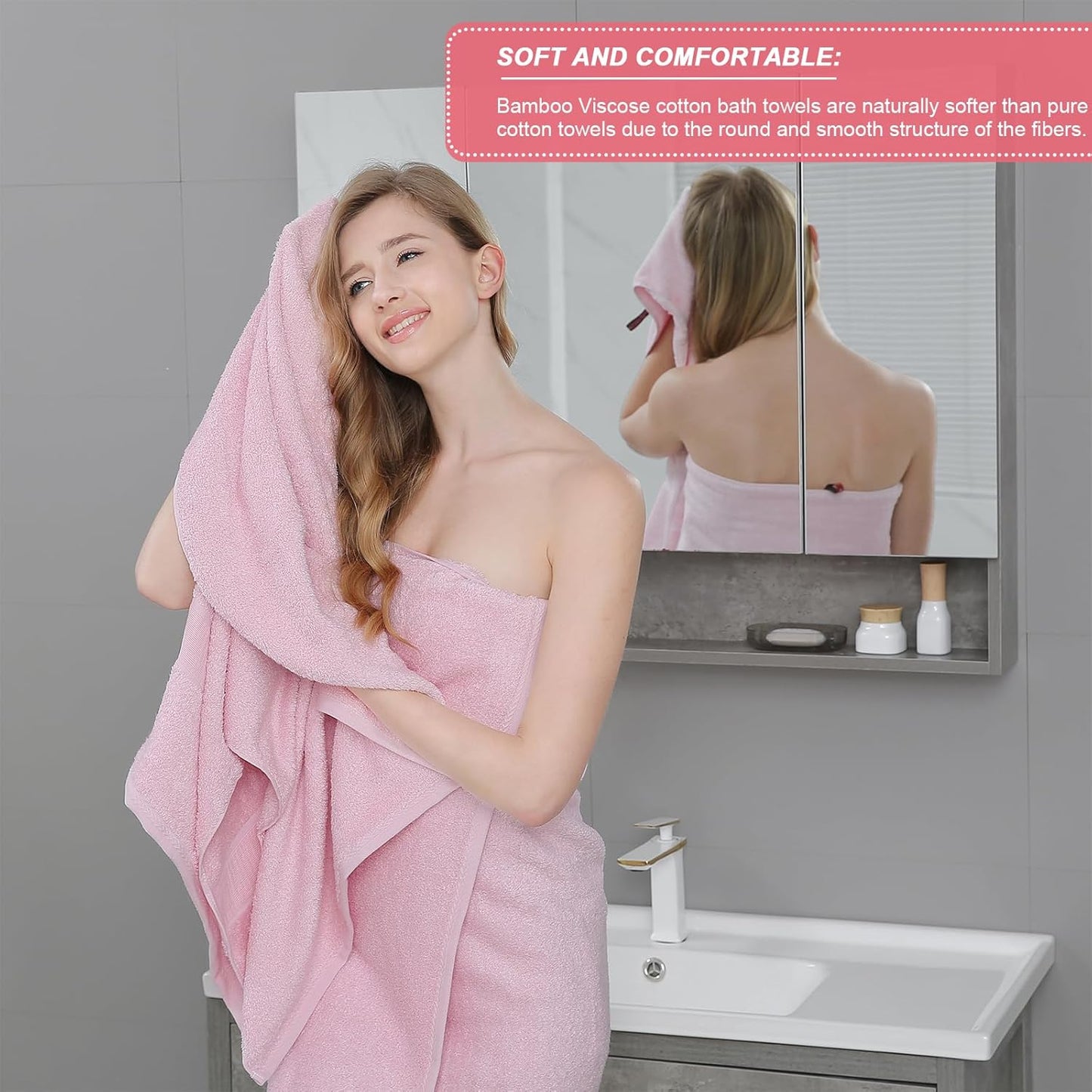 Aibaser Bath Towels, 27x54inch - Natural, Ultra Absorbent Towels for Bathroom, Travel, Gym, Shower and Spa (6 Piece Set) (Pink)