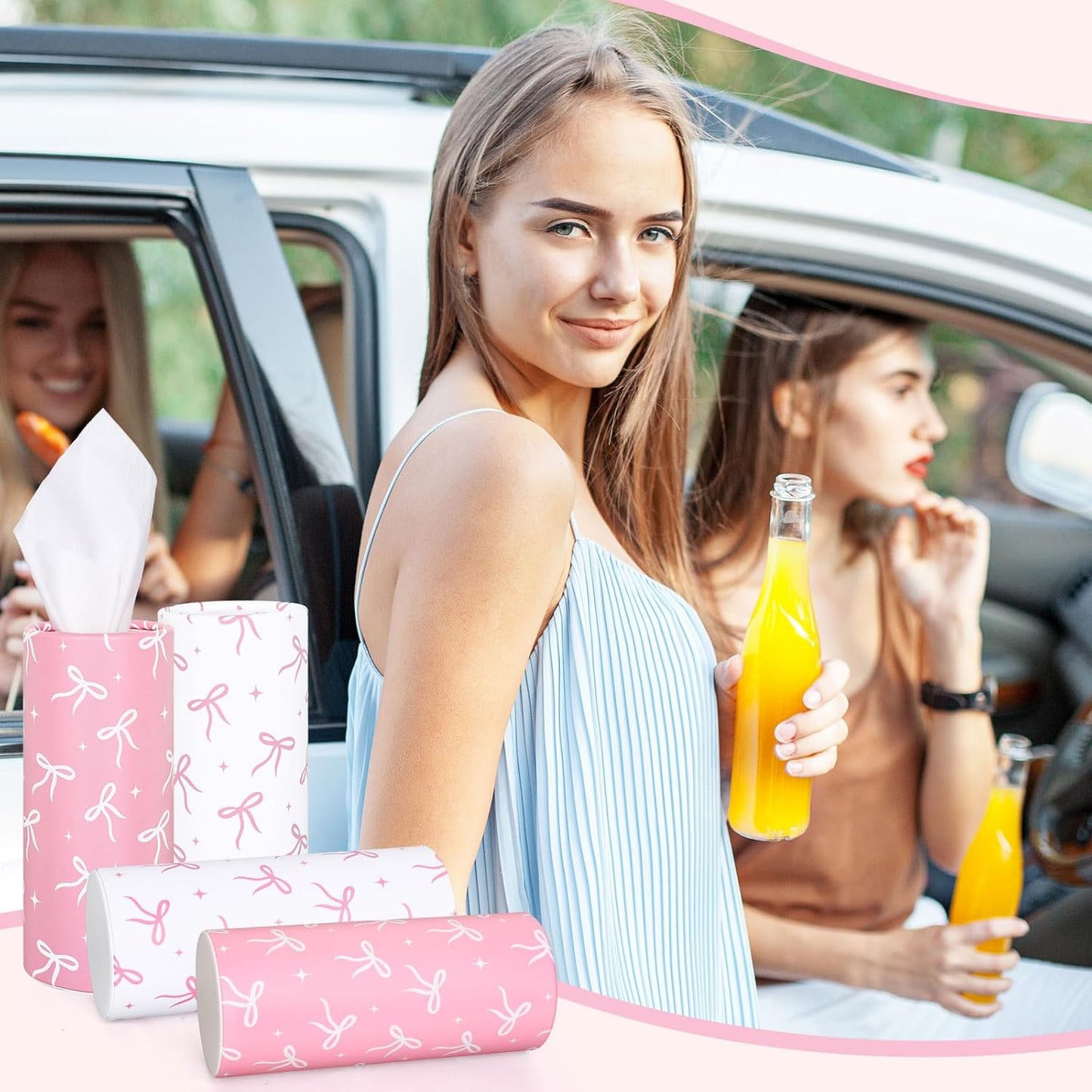 FYSUIMU 8Pcs Pink Bow Car Tissue Holder with Facial Tissue Aesthetic Pink White Bowknot Round Tissue Tubes for Travel Car Cup Holder Home