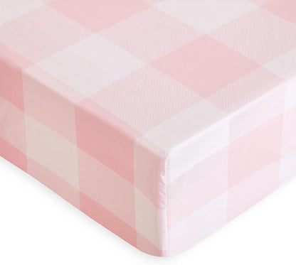 Wake In Cloud - Gingham Bed Sheets, 4-Piece Sheet Set, Cute Plaid Buffalo Check Checker Geometric Aesthetic Bedding, Deep Pocket, Pink, Full Size
