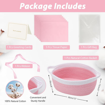 woric Baby Gifts Basket Woven Basket Rope Baskets for Wedding Gifts Empty Baby Shower Toy Storage Girls Birthday Graduation Decor (Pink 12"X 8" X 5" with Gift Bag Card Ribbon Tissue Paper)