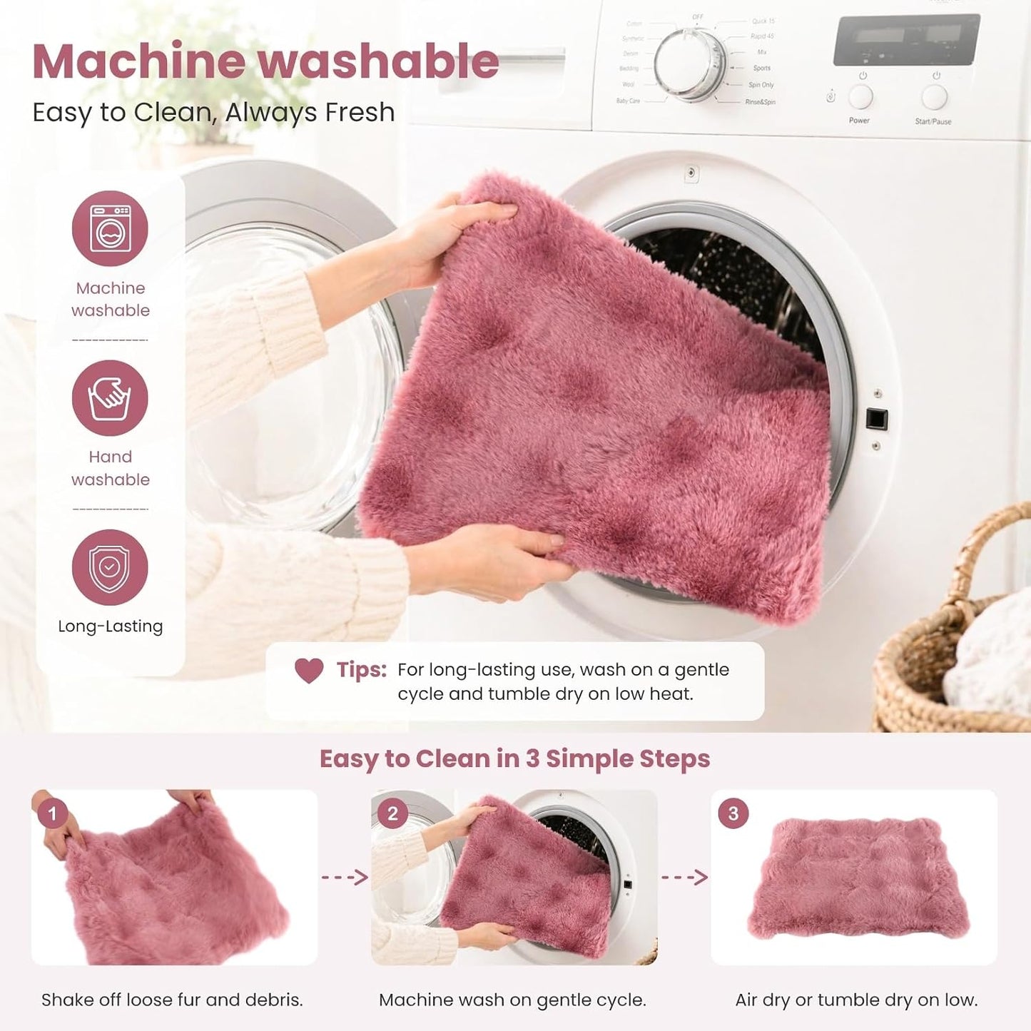 2 Pack Rabbit Mat, Soft Plush Bunny Bedding with Non-Slip Bottom, Washable Fluffy Guinea Pig Cage Liner, Small Pet Sleeping Pads for Hamster, Chinchilla, Pink