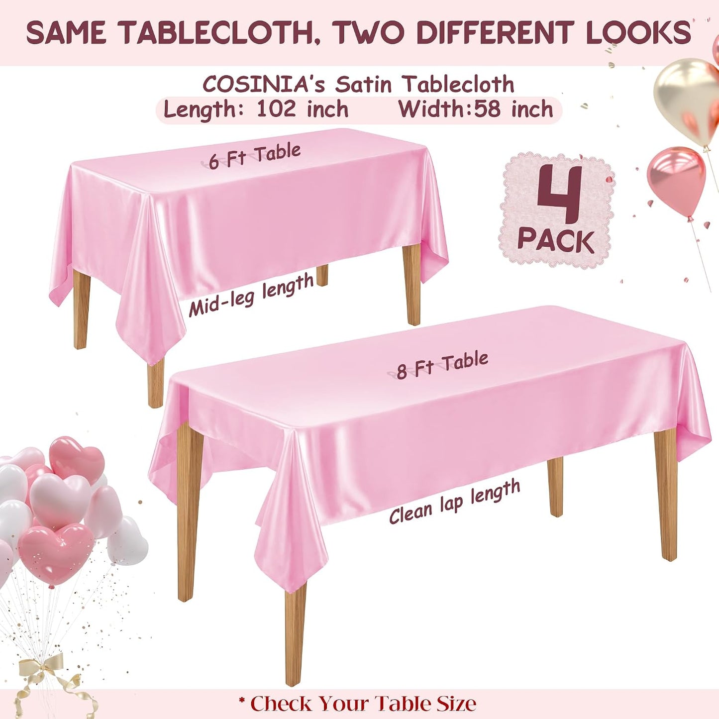 4 Pack Pink Satin Tablecloth 58 x 102 Inches, Rectangular Satin Table Cloths for Wedding Reception, Birthday Party, Graduation & Holiday Banquet Tables