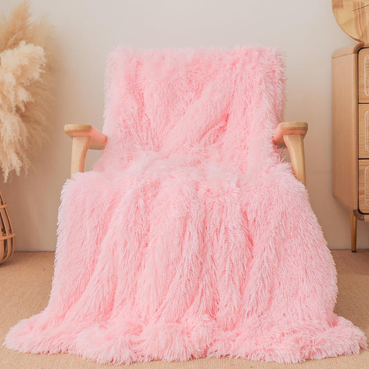 Extra Soft Faux Fur Throw Blanket 50"x60" - Reversible Fluffy Shaggy Double Layer Plush for Couch Sofa Bed, Solid Fuzzy Long Hair Microfiber Comfy Decorative Cozy, Pink