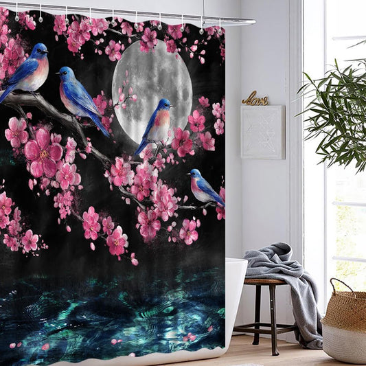 Pink Blue Bathroom Decor 72X72 Birds on Cherry Blossom Waterproof with Shower Curtain12 Hooks