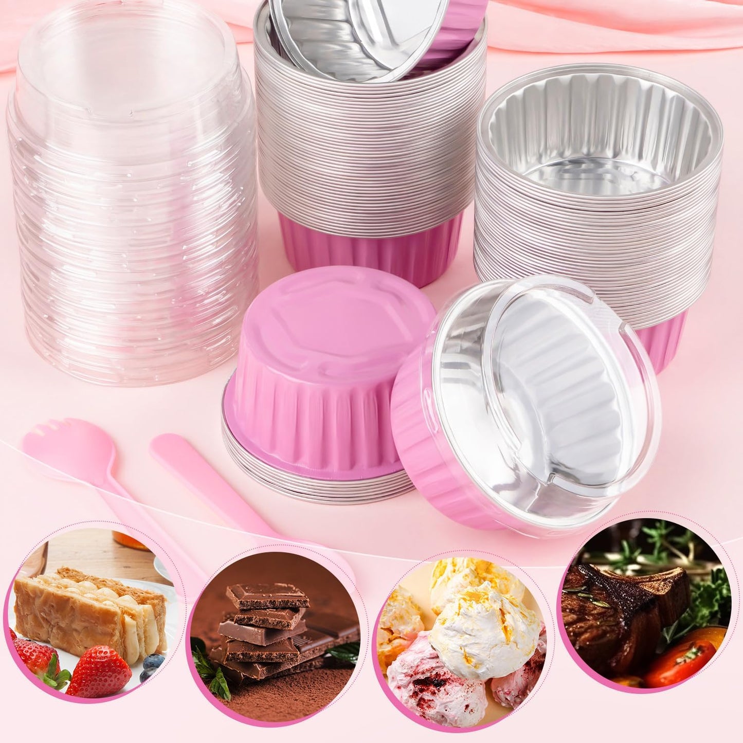 60Pcs Mini Loaf Pans with Lids and Spoons, Aluminum Foil Baking Pans, Round Mini Cake Pan, Brownie Baking Cups for Picnics Party (Pink)