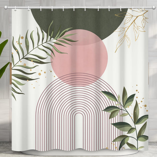 Boho Mid Century Shower Curtain, Pink Modern Minimalist Abstract Geometric Sage Green Gold Plant Leaves Bathroom Curtains Washable Waterproof Fabric Buthtub Curtain Set with Hooks 48" Wx72 L