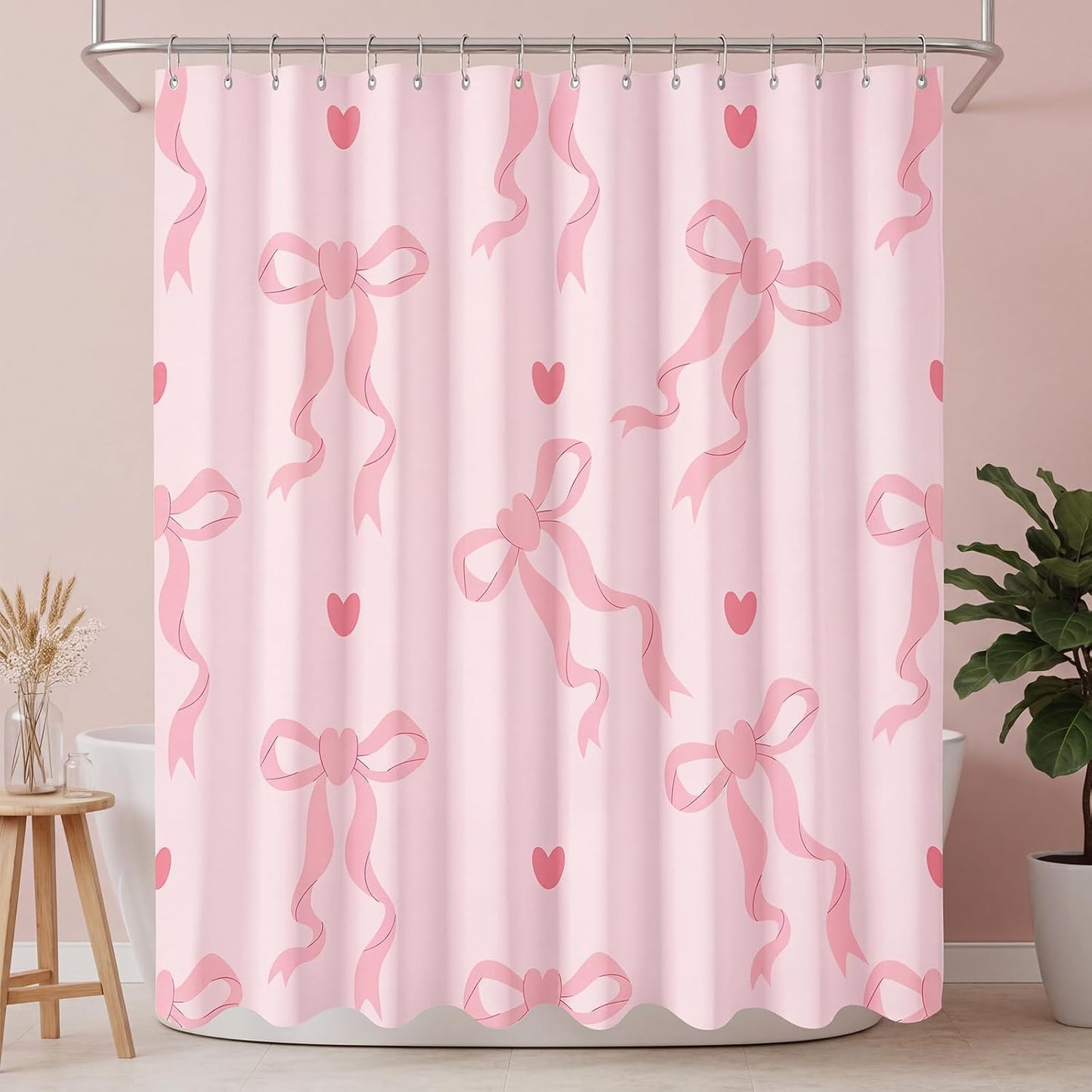 Haull Pink Bow Shower Curtain for Bathroom Coquette Preppy Curtain Decorations with 12 Hooks Pink Bow Aesthetic Bathroom Decor Waterproof Shower Accessories, 72 x 71 Inch