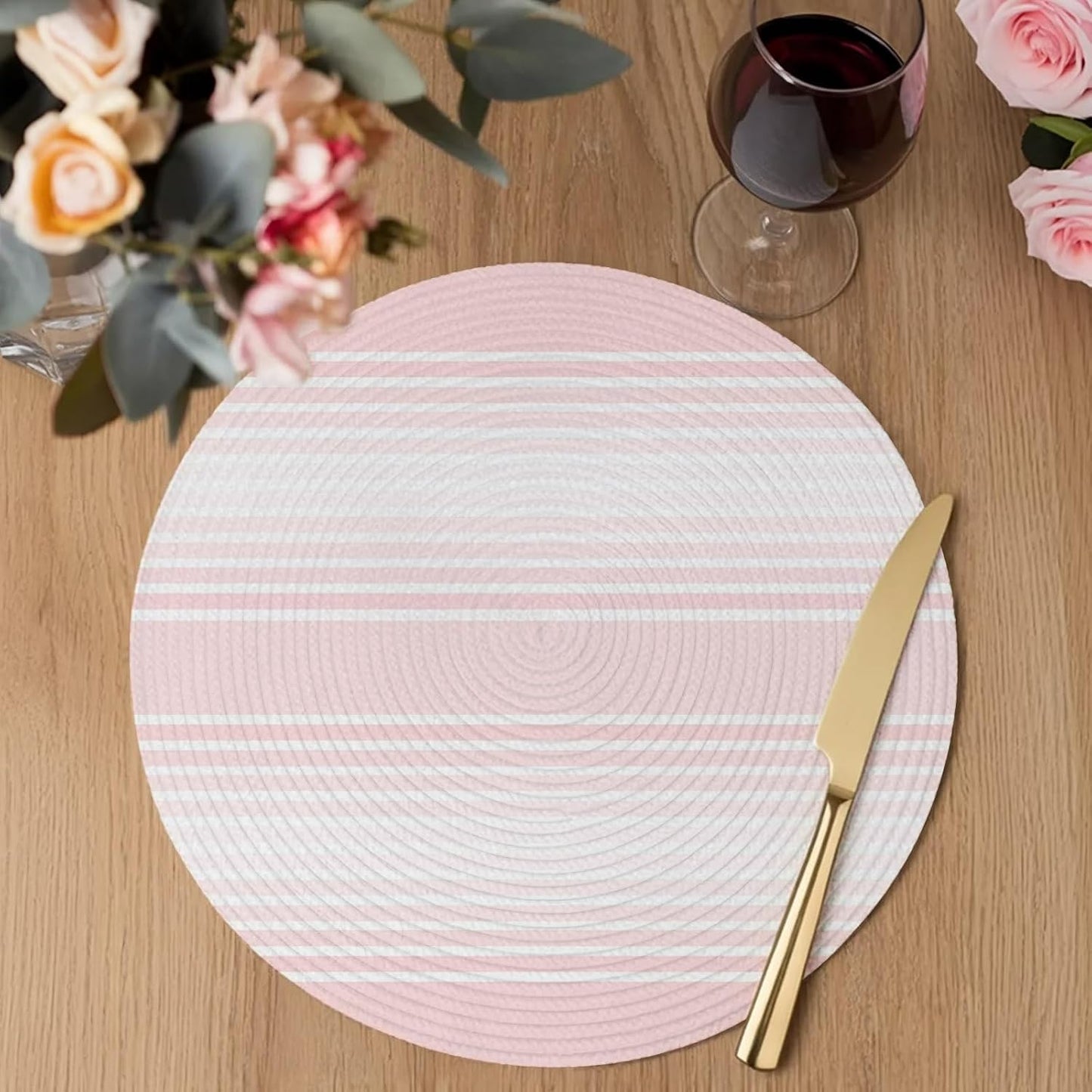 Pink Striped Round Placemats Set of 4 Pink Ombre Farmhouse Stripes Place Mats Indoor Woven Table Mats Washable Heat-Resistance Braided Dining Table Placemats for Kitchen Holiday Party Decor 15 Inch