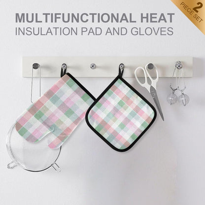 Light Pink Green Plaid Oven Mitts and Pot Holders Set for Cooking Baking Kitchen Decor
