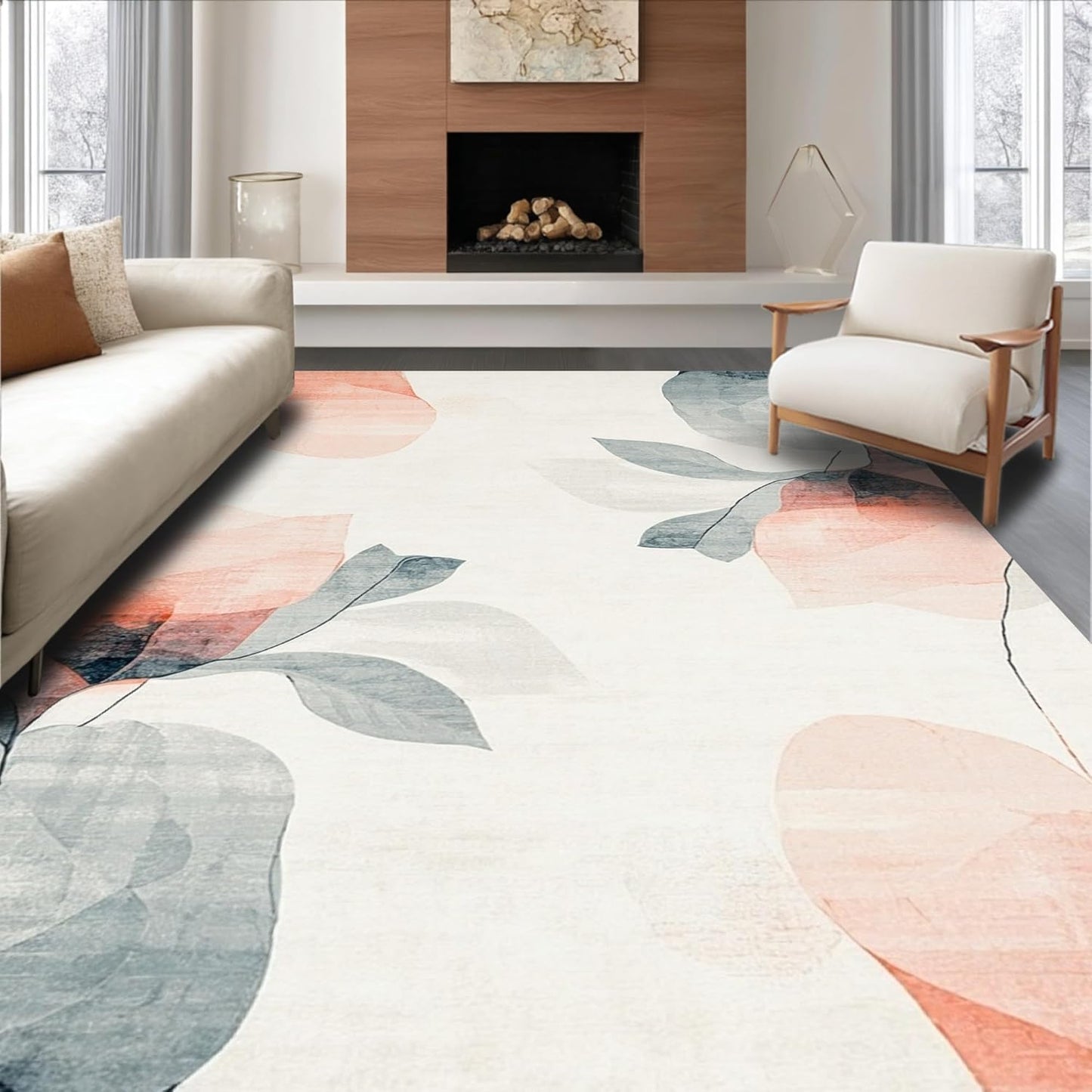Flatwoven High Traffic Area Rug 4x6, Modern Abstract Petal Rug with Distressed Artistry, Non Slip, Stain Resistant, Washable Area Rugs for Living Room, Bedroom (Peach, 4x6)