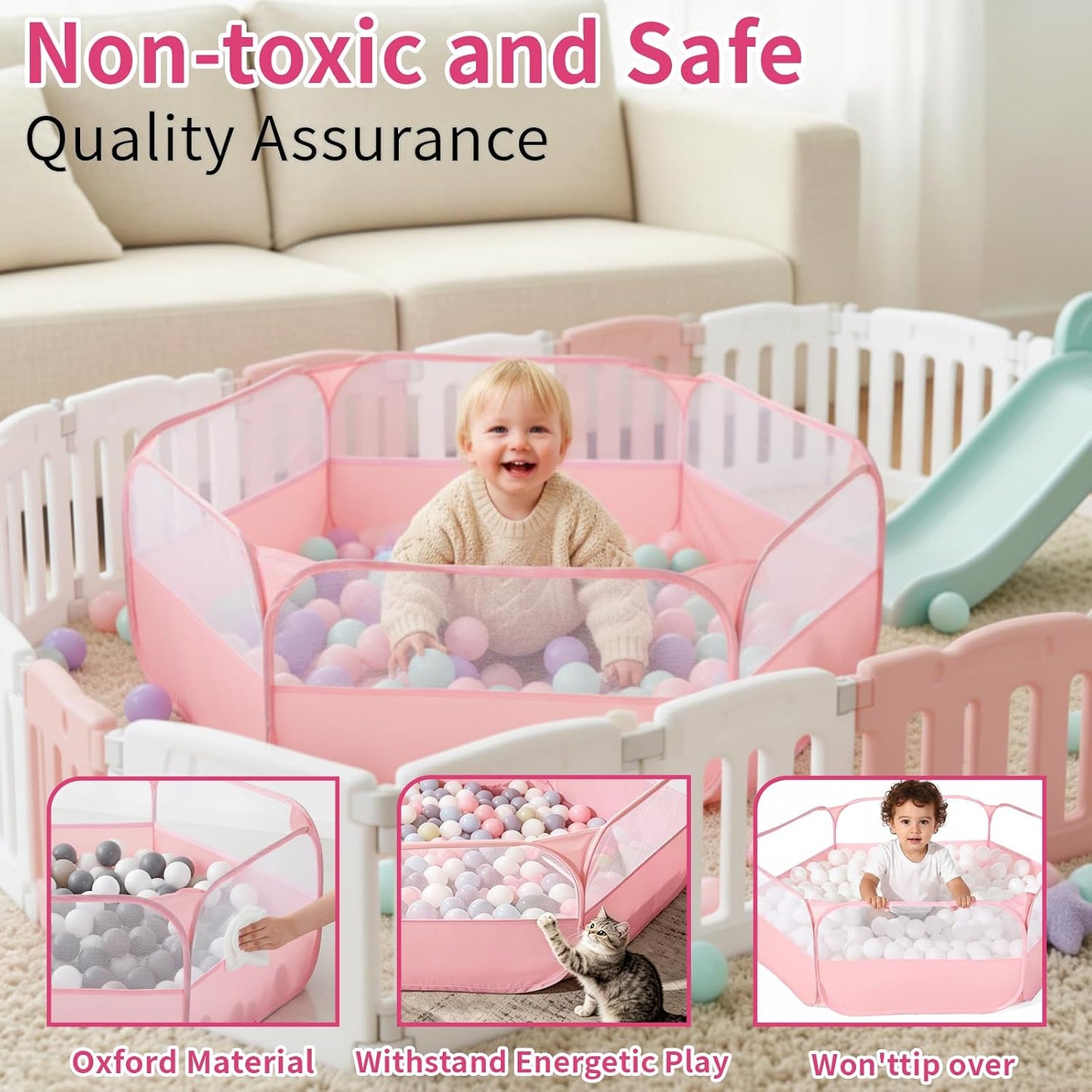 Foldable Ball Pit for Toddlers, Large Pop Up Ball Pits Kids Play Tent Crawl Playpen Ball Pool Playhouse Playpen with Storage Bag, for Boys Girls Dogs Cats Ferrets Indoor Outdoor, Light Pink
