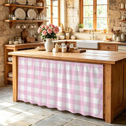 Farmhouse Checked Sink Skirt for Bathroom, Self-Adhesive Under Sink Curtain, Light Pink Buffalo Plaid Pastoral Hide Pipes & Storage Fabric Cabinet Skirt Cover for Kitchen Laundry 32"x55"
