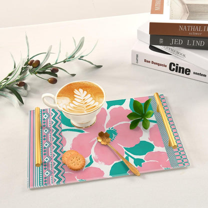Peach Simple Floral Decorative Rectangle Trays with Handles Modern Serving Tray for Jewelry Perfume for Farmhouse Serving bandeja de decoracion para sala