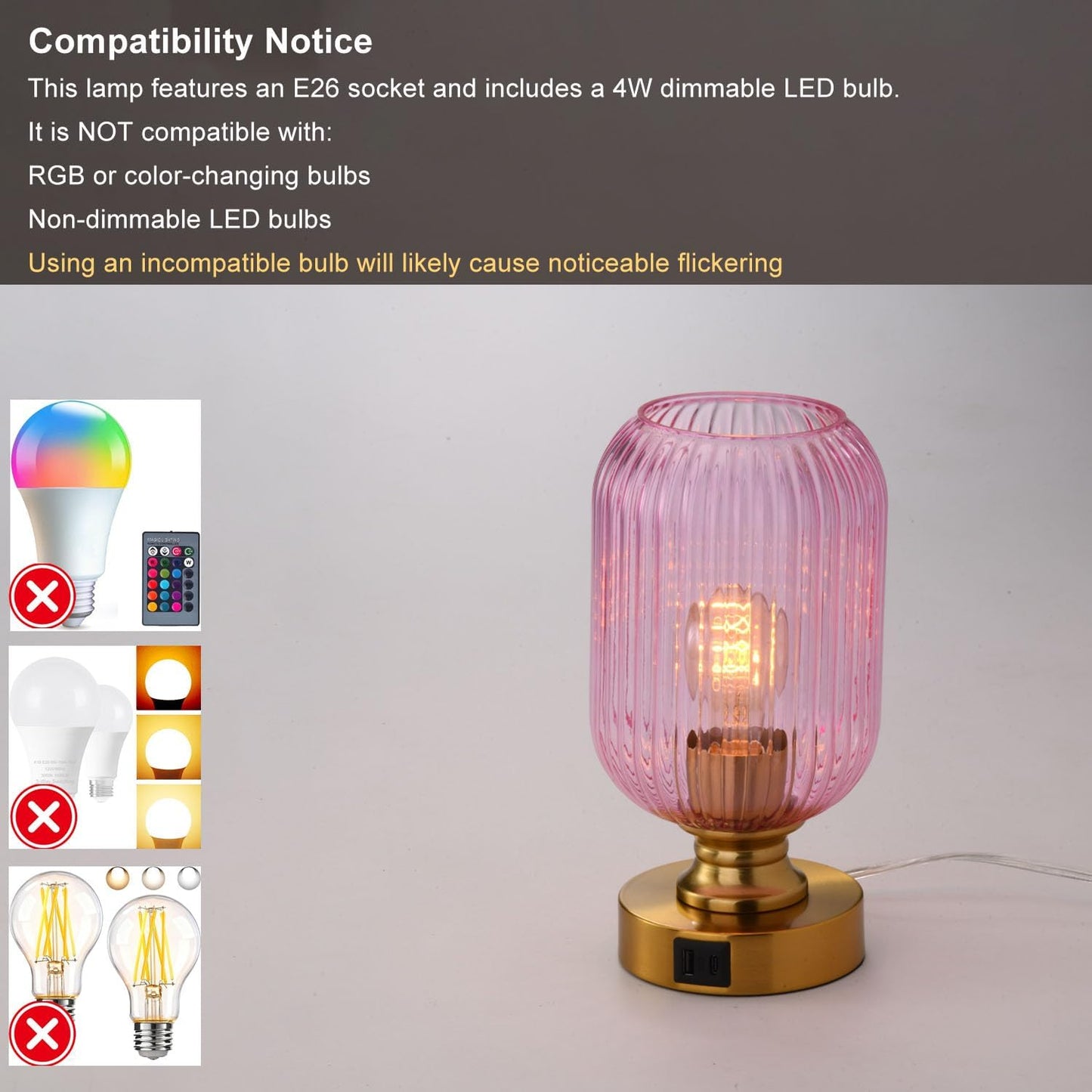Mid Century Glass Table Lamp,Dimmable Desk Lamp,LED Bulb Included,Touch Control & USB A+C Port,Pink Ribbed Glass