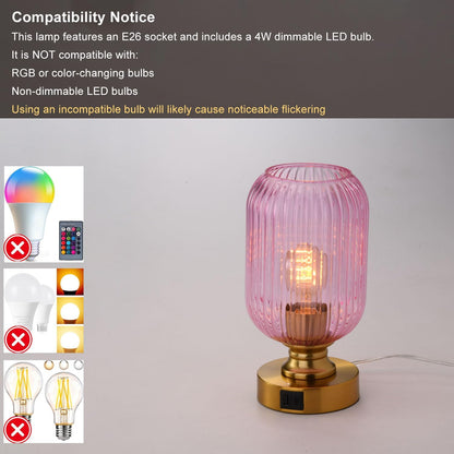 Mid Century Glass Table Lamp,Dimmable Desk Lamp,LED Bulb Included,Touch Control & USB A+C Port,Pink Ribbed Glass
