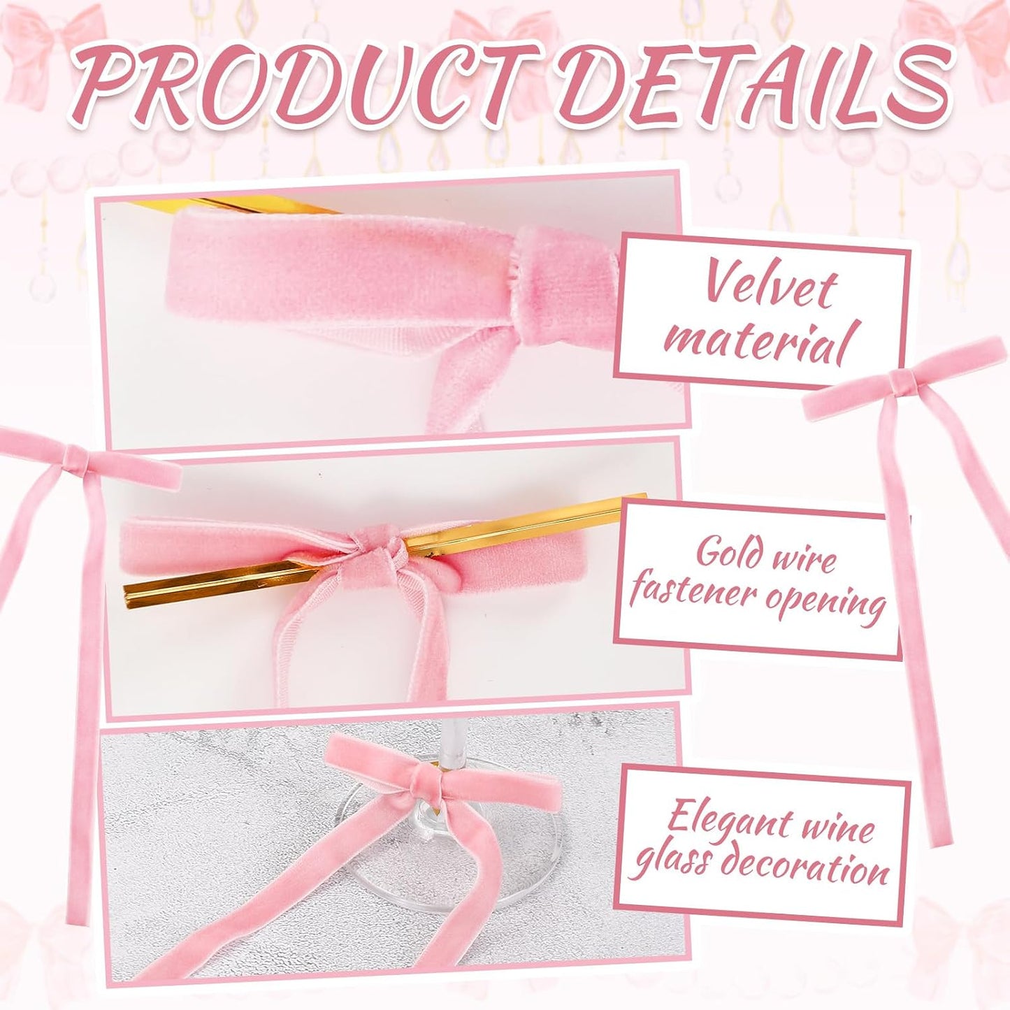 FYSUIMU Bow Drink Markers Velvet Bowknot Wine Valentines Charm Decoration Cute Coquette Wine Glass Holder for Party, 24Pcs