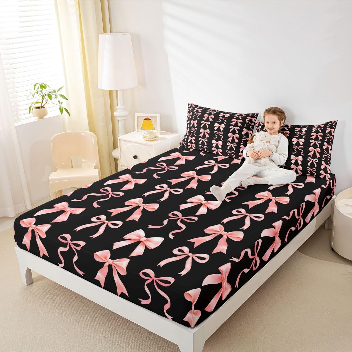 Feelyou Bow Fitted Sheet Queen Size for Kids Boys Girls Cute Kawaii Peach Pink Bowknot Bed Sheets Set 16" Deep Pocket Dreamy Princess Bow-tie Style Bedding with 2 Pillowcases Room Decor