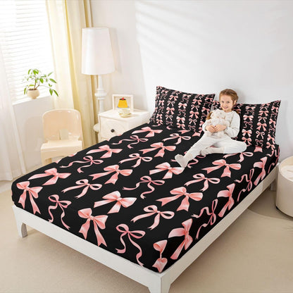 Feelyou Bow Fitted Sheet Queen Size for Kids Boys Girls Cute Kawaii Peach Pink Bowknot Bed Sheets Set 16" Deep Pocket Dreamy Princess Bow-tie Style Bedding with 2 Pillowcases Room Decor