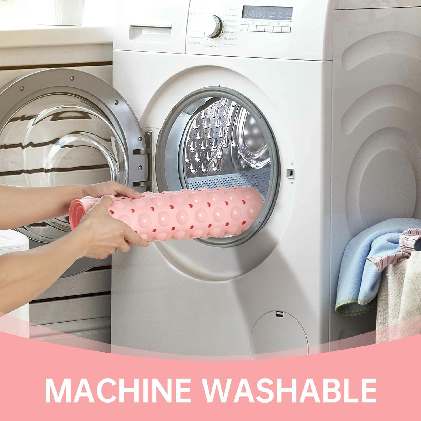 Wirhao Bathtub and Shower Mat Non Slip Bath Mat 39×16 Inches Machine Washable Tub Mat Large for Bathroom with Suction Cups and Drain Holes Pink