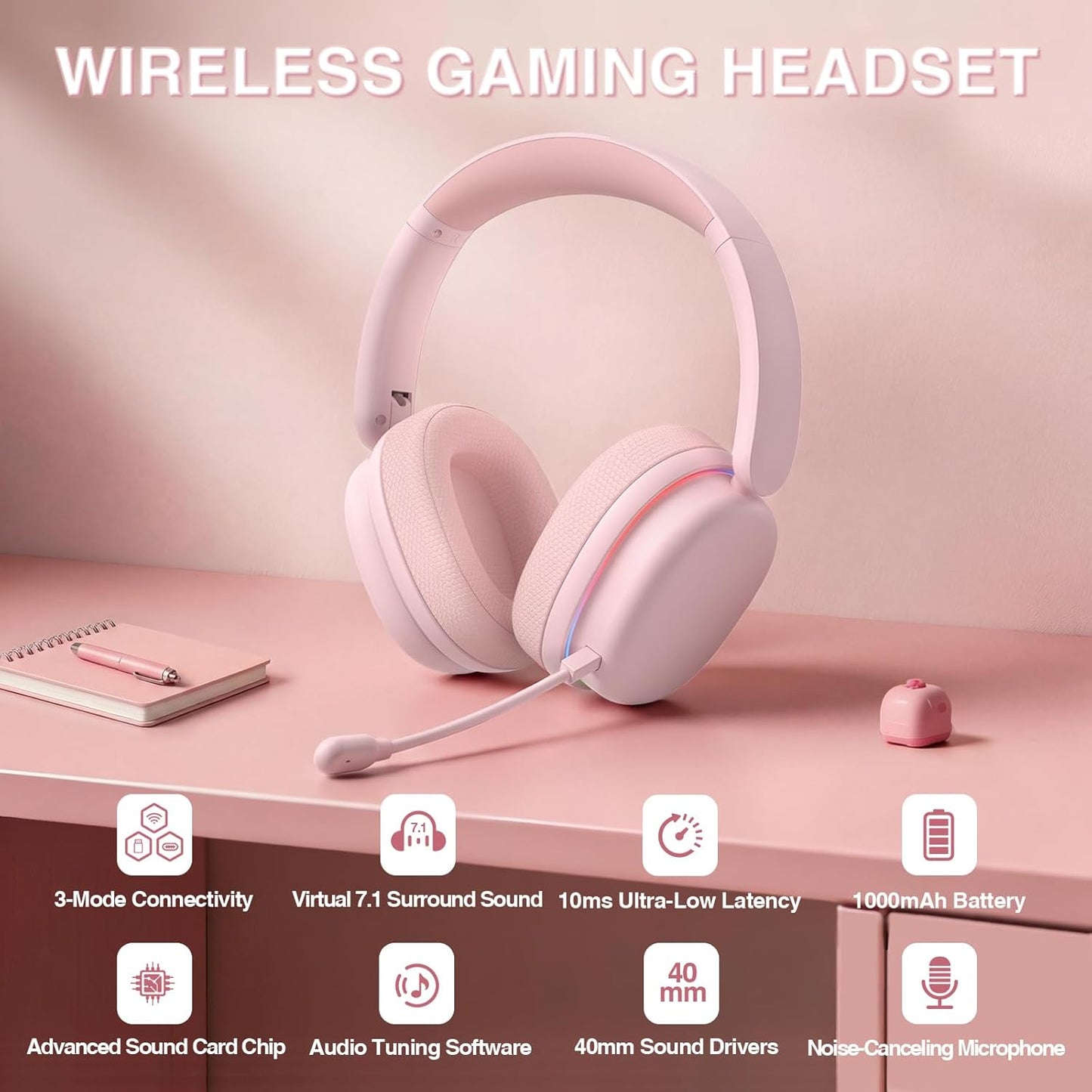 AULA G7 Pro Wireless Gaming Headset with 7.1 Surround Sound, 40mm Driver,BT5.3 Gaming Headphones with Mic, RGB, 10ms Latency, 65H Battery,Pink Gaming Headset for PS5,PS4, Switch,PC,Wired Mode for Xbox