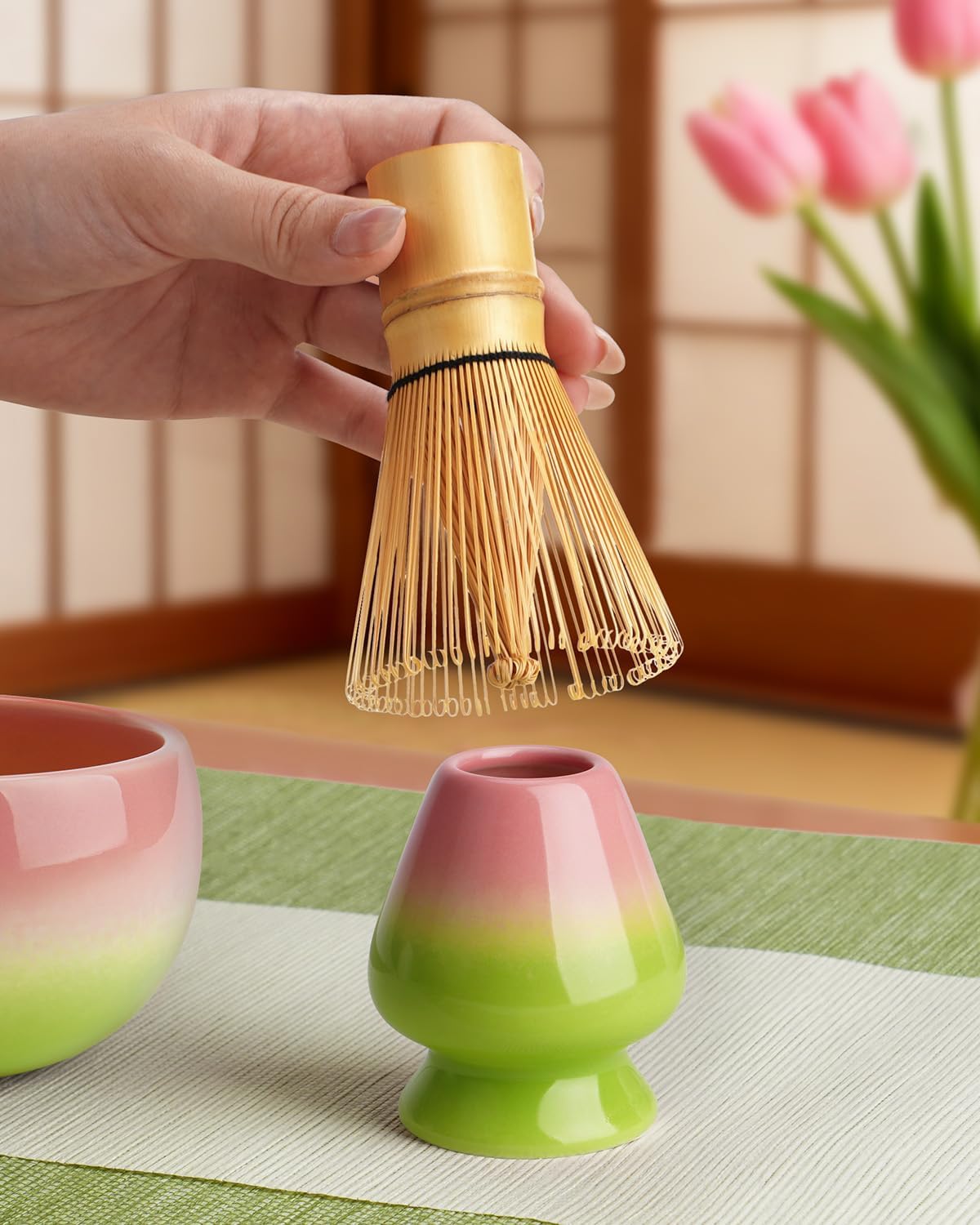 Joiish Matcha Whisk Set, Gradient Matcha Kit, Ceramic Bowl with Spout (18oz), Bamboo Whisk, Stainless Sifter, Scoop & Chasen Holder, 5-PC Complete Macha Tea Ceremony Tools (Pink-Green)